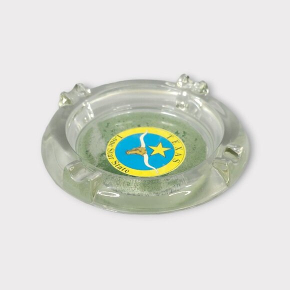 Texas Lone Star State Glass Ashtray Round 4 Slot Longhorn Souvenir Yellow Blue - Picture 7 of 11